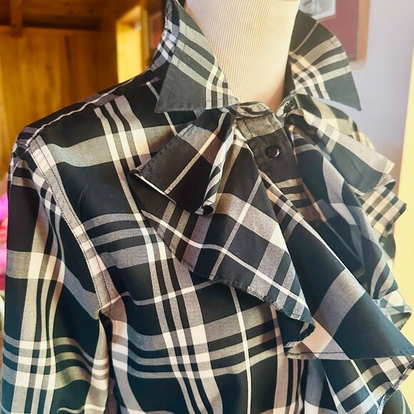 LAUREN RALPH LAUREN White and Black Plaid Ruffle Collar Shirt Blouse – M - Picture 6 of 11